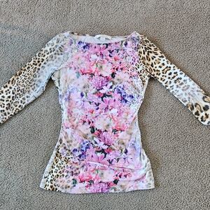 Boston Proper Pink Floral and Leopard Long Sleeve Top